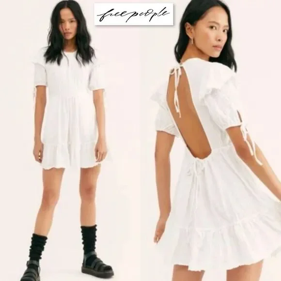 FREE PEOPLE Beach Iris Mini Dress White Open Back Ruffle Boho XS Summer Babydoll - Picture 2 of 16